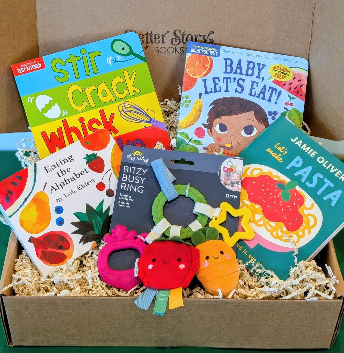 Food - Baby Book Gift Box | Stir Crack Whisk Bake & Eating the Alphabet Book Bundle with Veggie Teether Toy