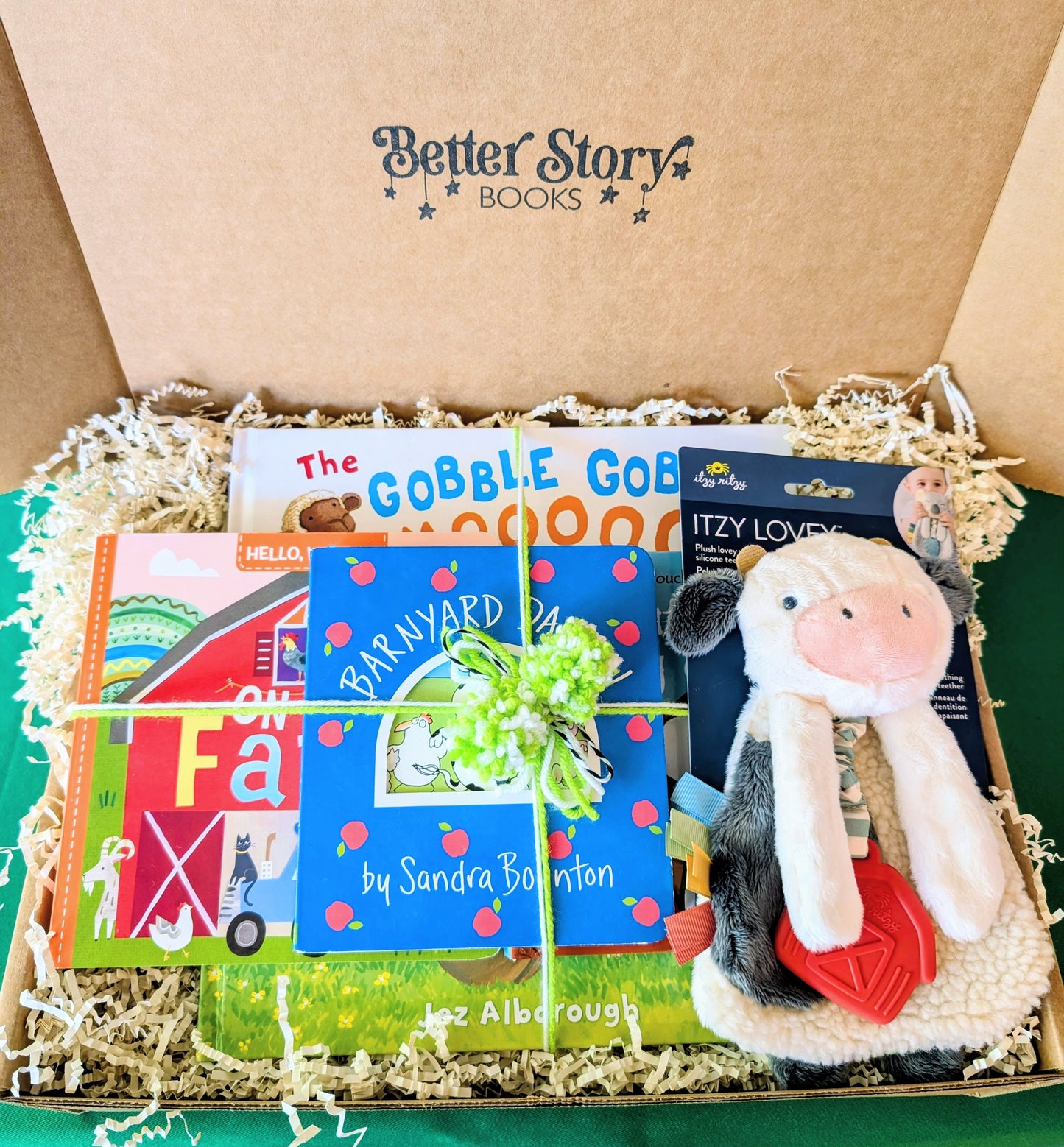 Farm Animal Baby Gift Box & Book Bundle | Barnyard Dance & Gobble Gobble Moooooo Tractor Book Bundle with Cow Lovey