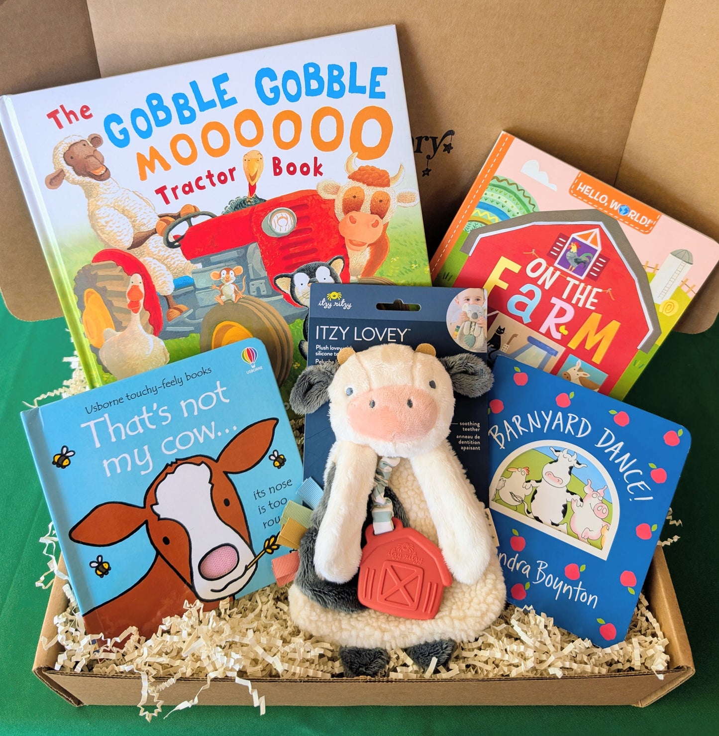 Farm Animal Baby Gift Box & Book Bundle | Barnyard Dance & Gobble Gobble Moooooo Tractor Book Bundle with Cow Lovey